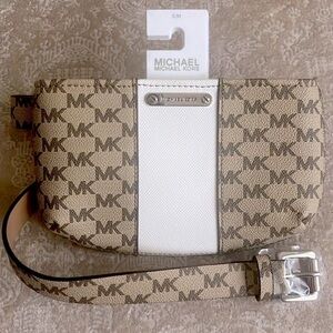 Brand New Michael Kors Zippered Belt Bag Fanny Pack Tan Logo w/ White Stripe